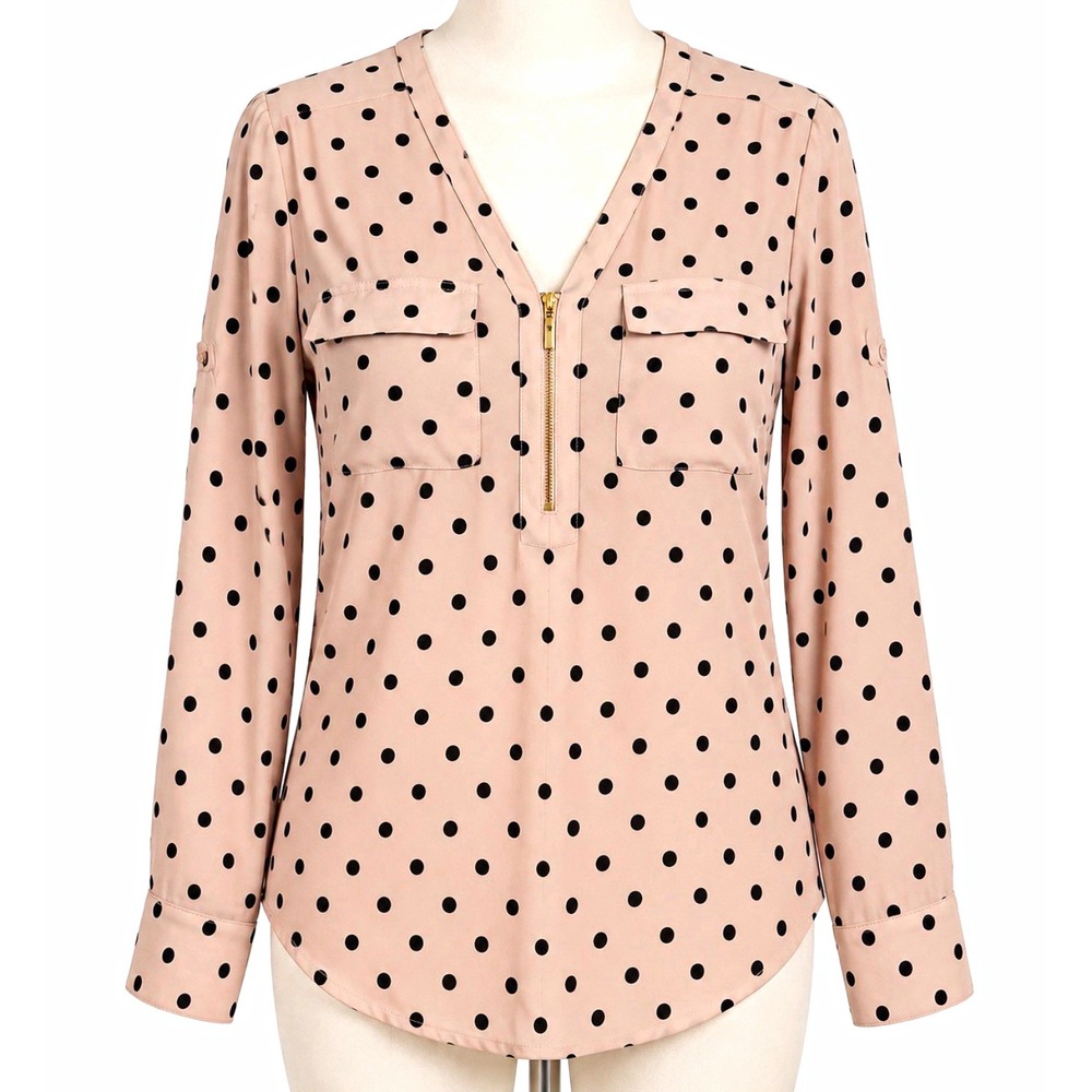 Express Women XS Pink Black Polka Dot V-Neck Long Sleeve Zip Blouse